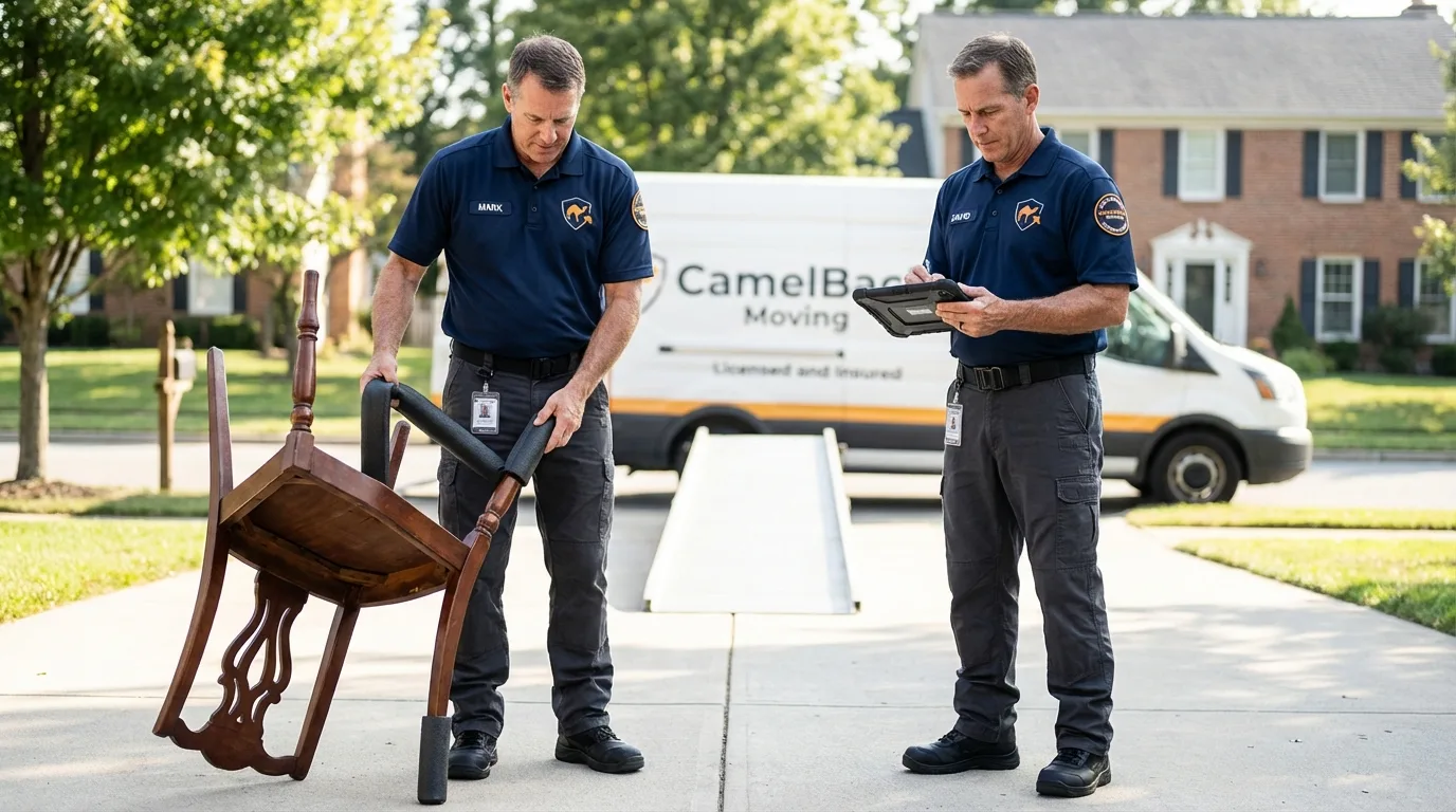 Movers inspecting furniture for damage prevention before loading in Crestwood, KY