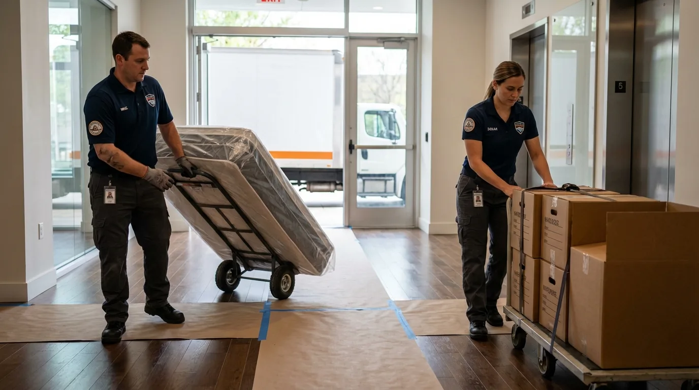 Professional apartment movers loading elevator in Crestwood, KY